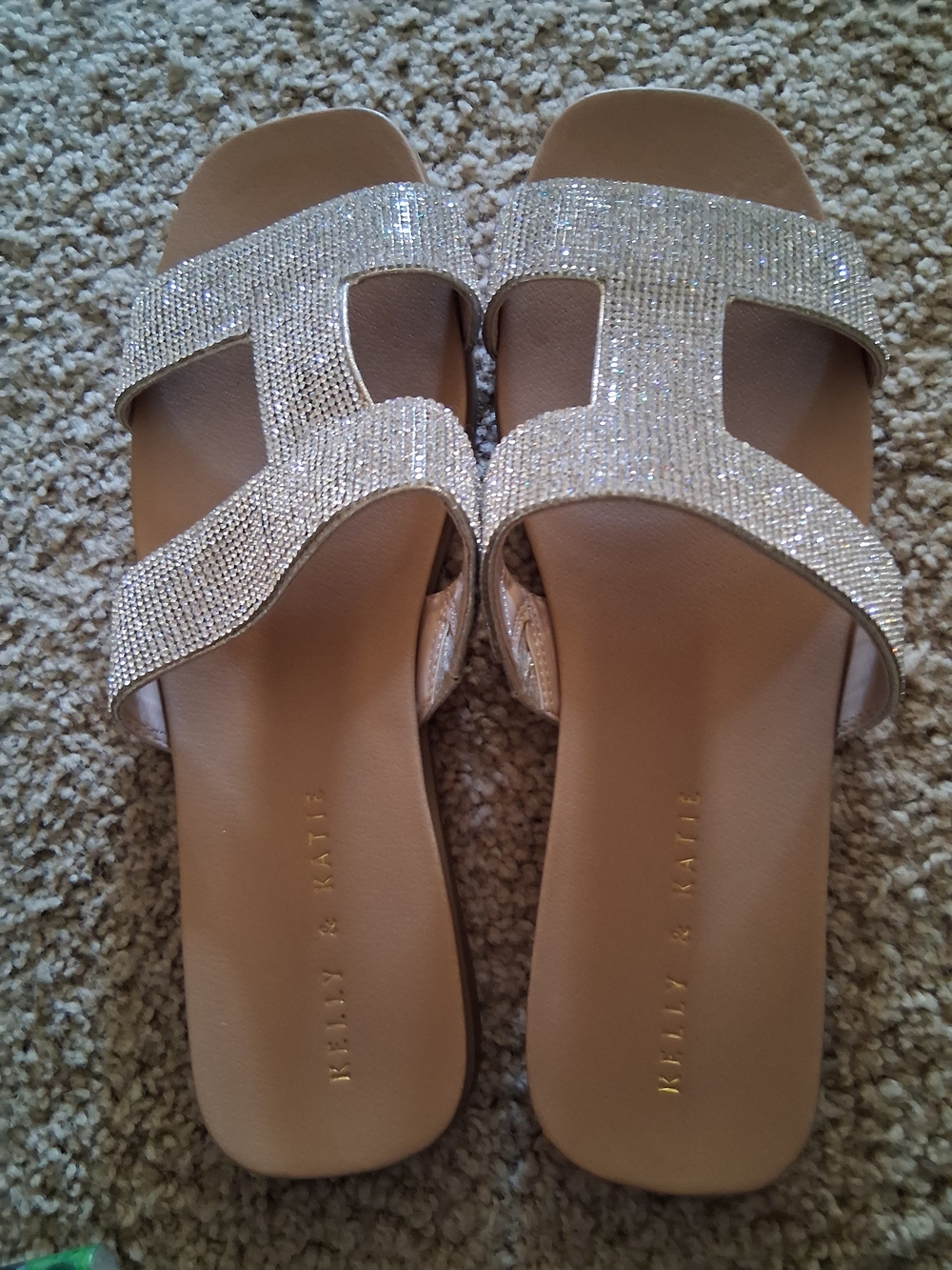 Kelly & Katie Champagne Rhinestone Double-Strap Slide Sandals - Picture 2 of 7